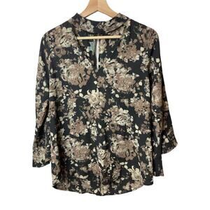 Veronica M. Black Tan Floral Print 3/4 Bell Sleeves Blouse Top Women's Size S